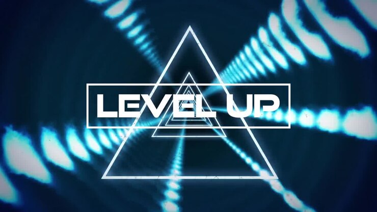 Animation of level up over tunnel made of triangles and lights and navy background