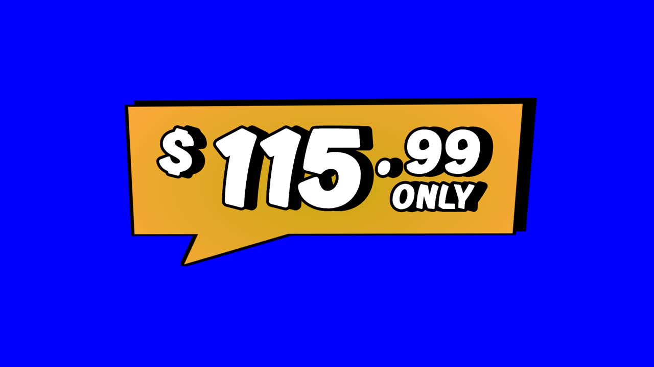 Animation $115.99 only price tag in orange speech bubble motion graphics on Blue screen background. Perfect for ads, e-commerce, retail, discounts, and promo videos business concept video element