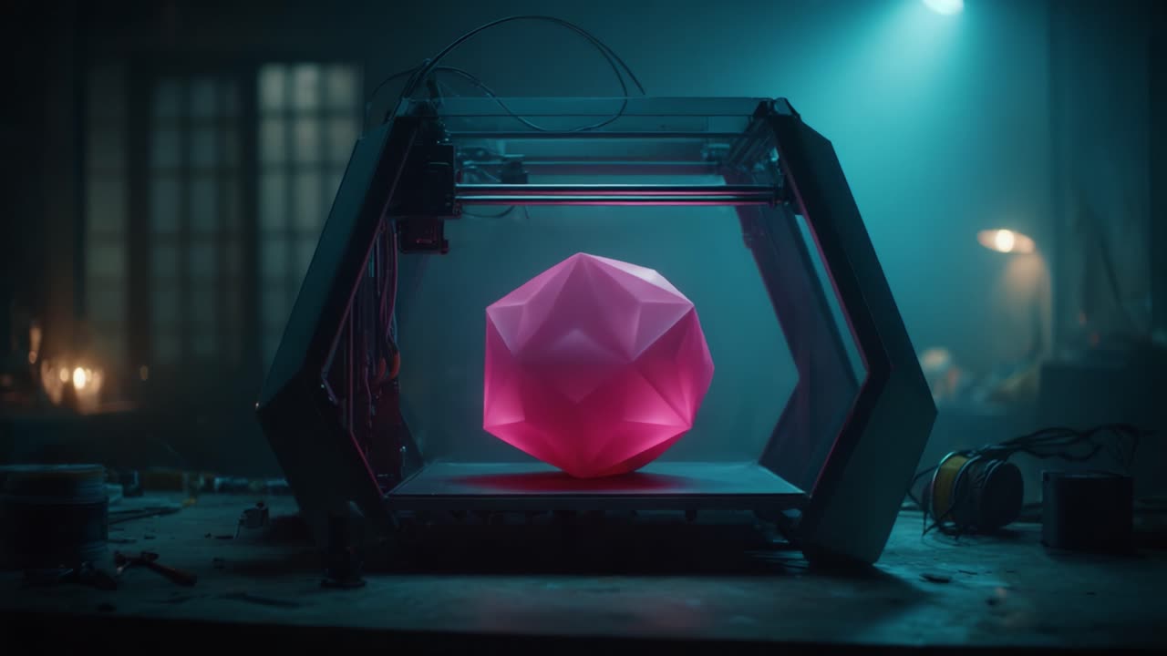 Una forma geometrica luminosa si materializza in un'officina buia, illuminando l'area circostante con un morbido bagliore rosa dall'interno di una stampante 3D.