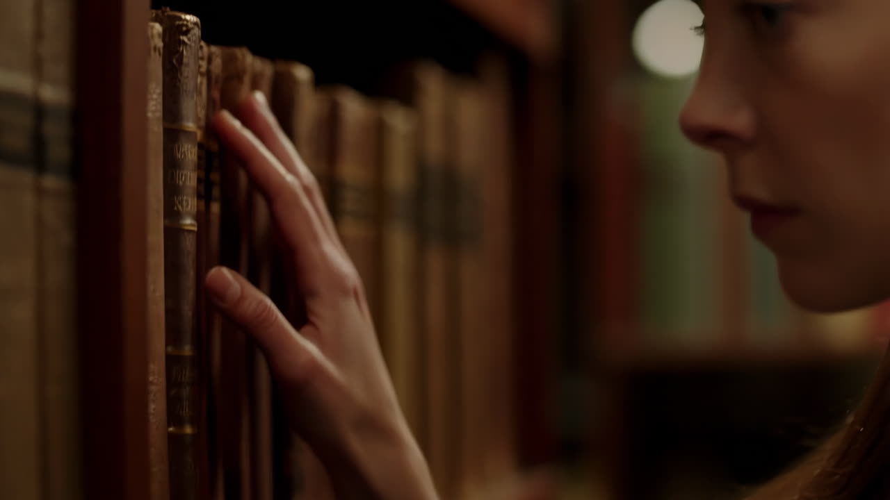 A hand touching old books on a library shelf