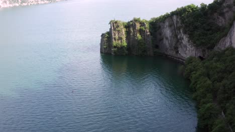 nice drone shot of iseo lake, bay of the bogn near lovere city , bergamo ,italy