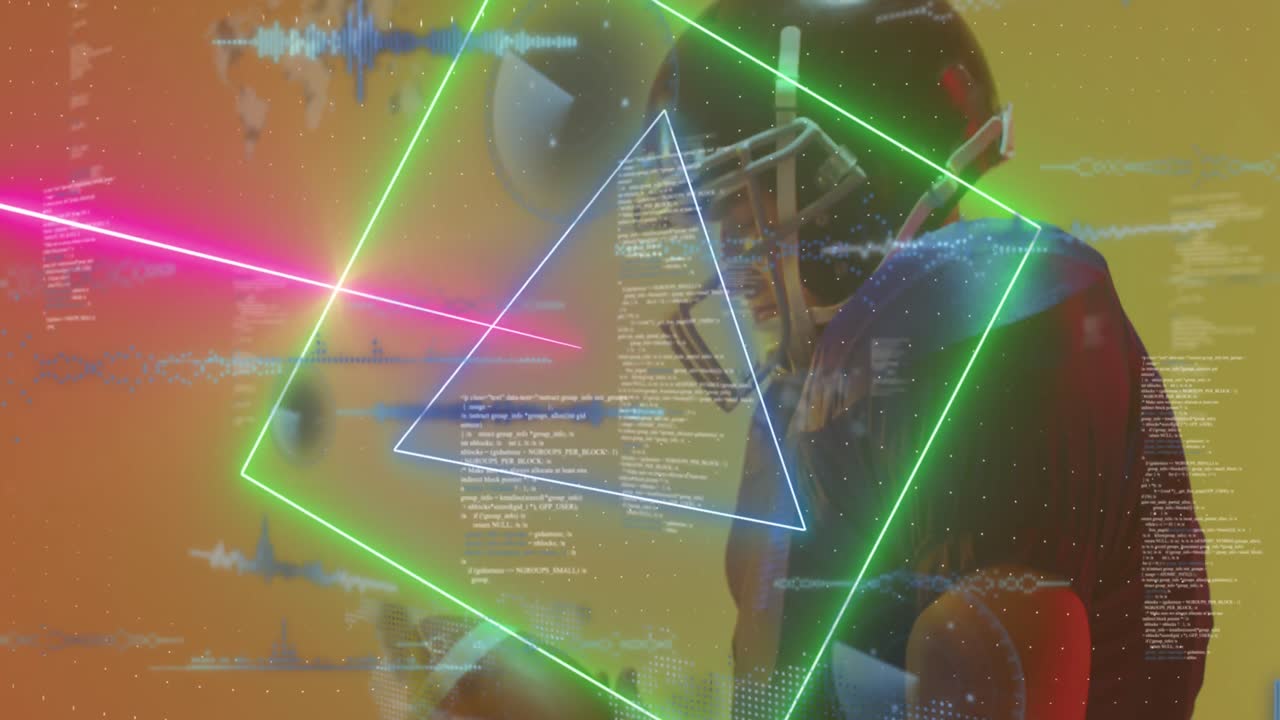 animación de procesamiento de datos y formas de neón sobre jugador de fútbol americano caucásico.