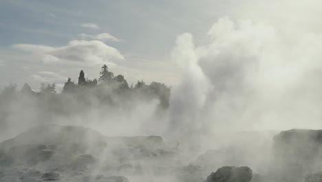 Géiser-Geotérmico-En-Erupción-Con-Vapor-Y-Agua-Rodeado-De-Naturaleza,-Rotorua,-Nueva-Zelanda,-Icónico-Ambiente-Rocoso-A-Cámara-Lenta,-Cielo-Soleado-Durante-El-Día
