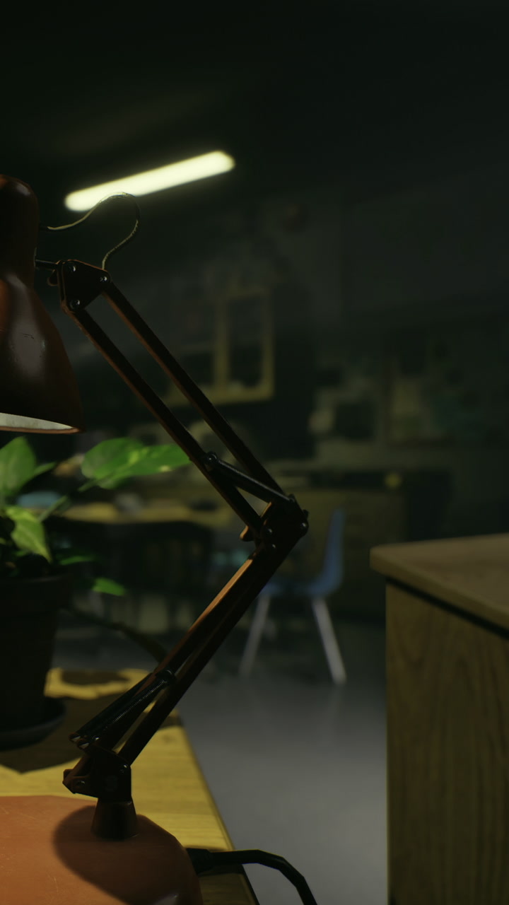 Desk lamp and plant in a dimly lit room during evening work hours