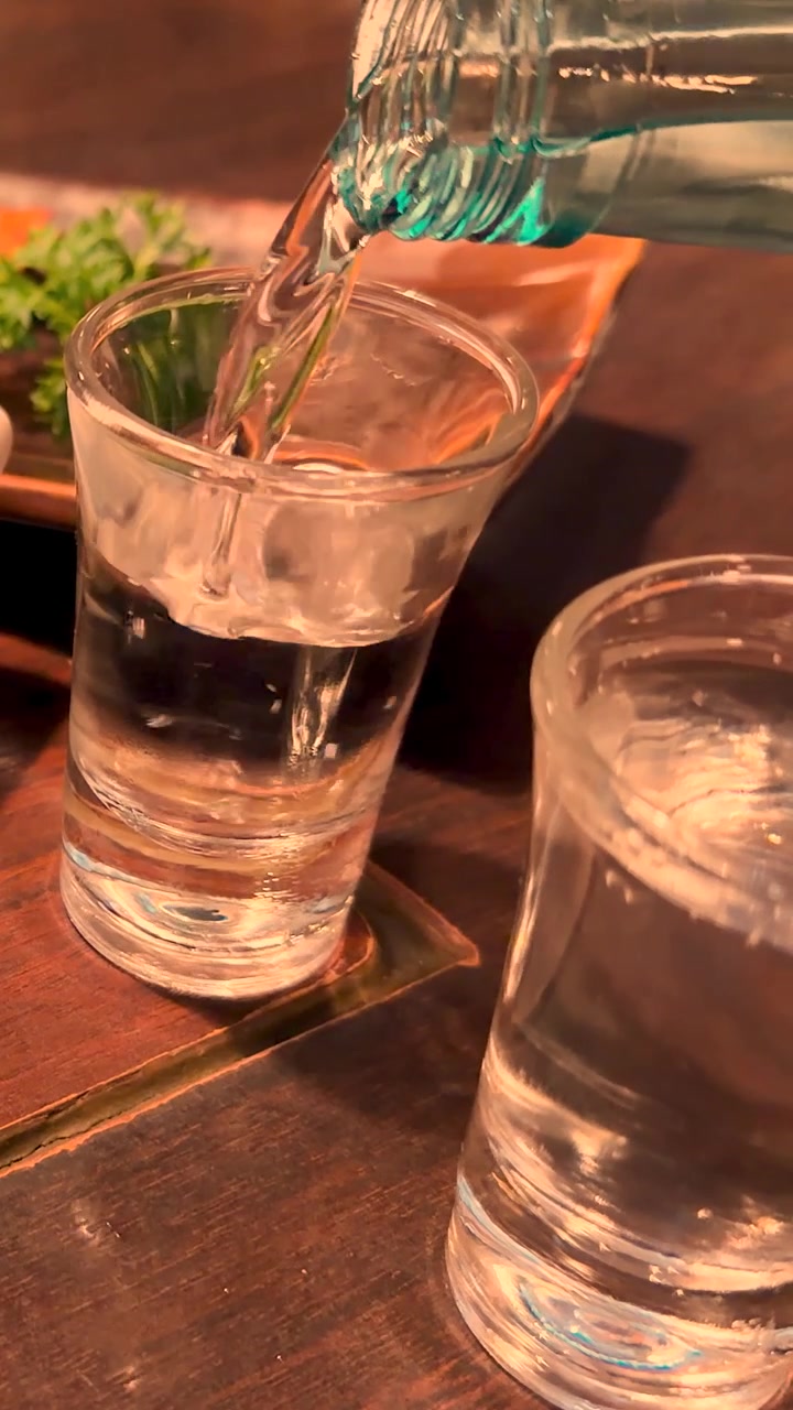 Alcol trasparente viene versato da una bottiglia blu in un bicchiere in un ristorante izakaya a Tokyo.