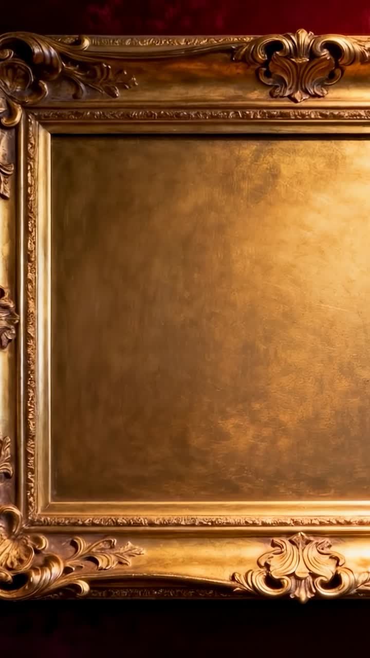 Video verticale: cambio di camera che rivela una cornice dorata su una parete rossa, mostrando un pannello dorato vuoto