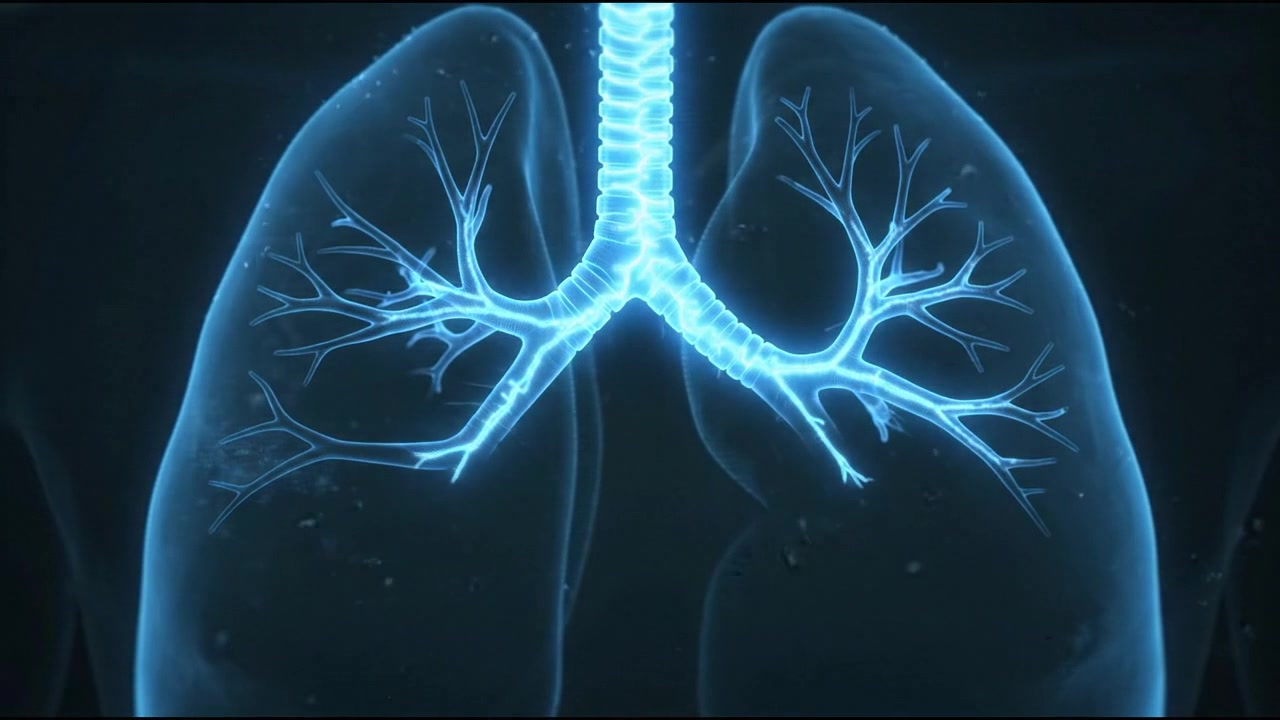 3D human lungs render glowing blue in dark background workspace