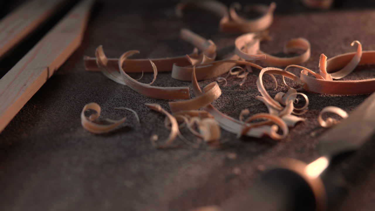 Close-up of Wood Shavings and Woodworking Tools