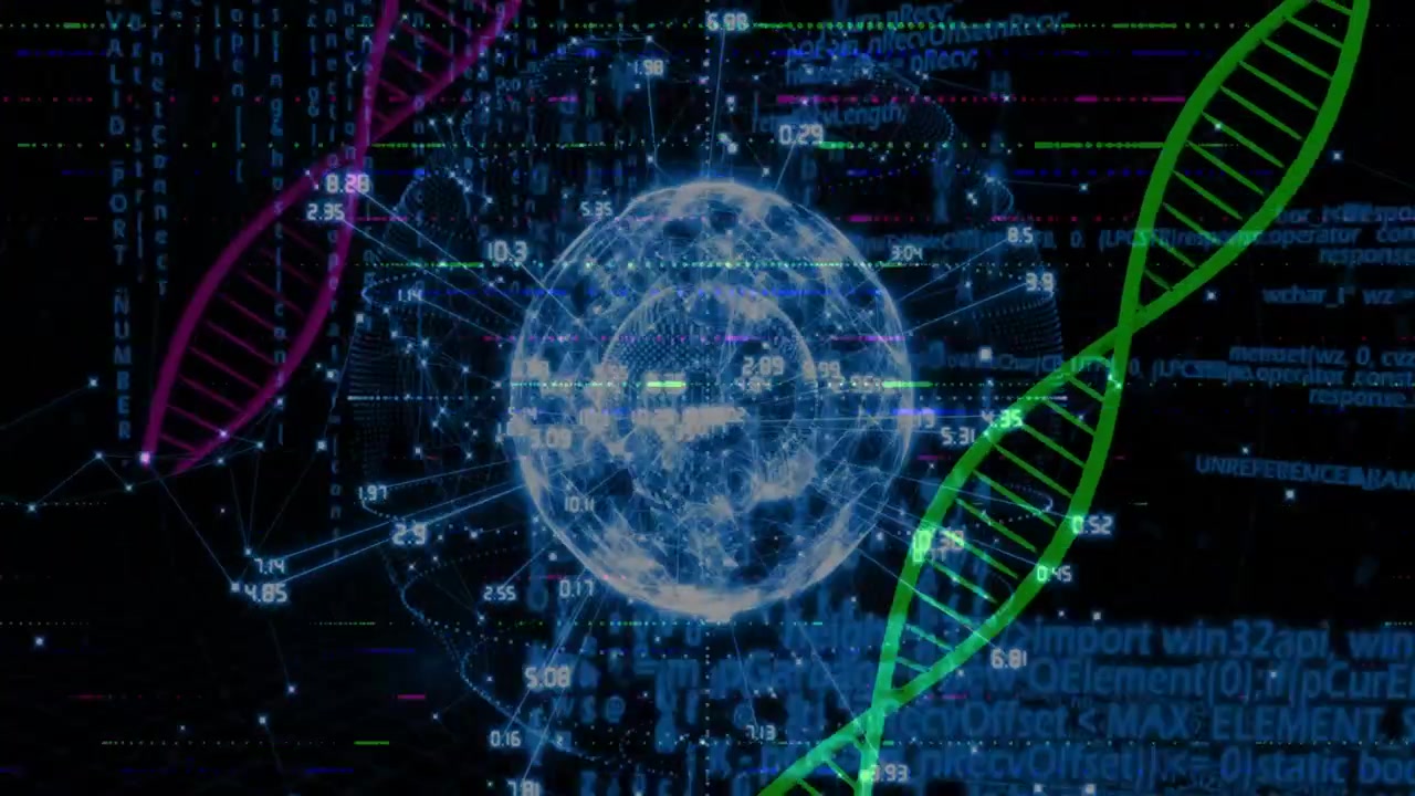 Mesh globe receiving live data feed, pulsing, extending links toward DNA helices, syncing biotech