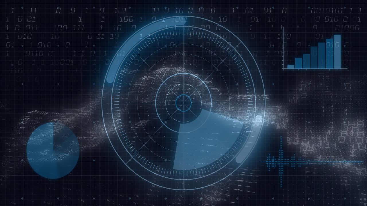 Central circular radar HUD displaying rotating sweep over dark grid with glitching data streams