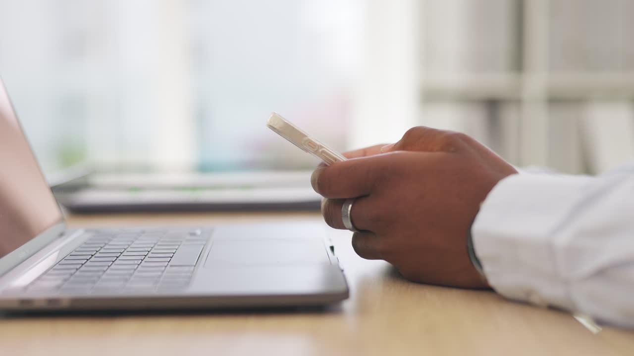 Business phone, hands and black man typing online