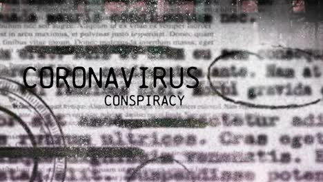 Animation-of-words-Coronavirus-Conspiracy-with-newspaper-pages-over-people-walking-on-street