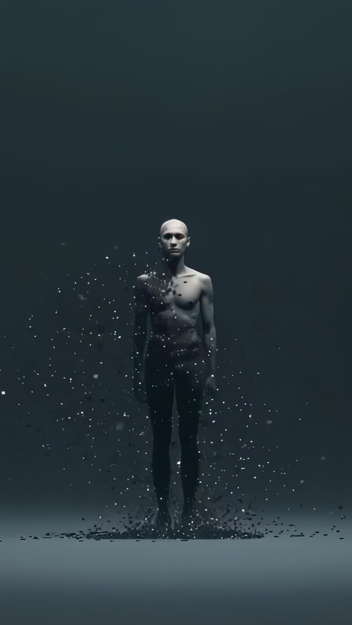 Vídeo vertical: partículas ascendentes convergindo ao redor de um homem sem camisa em um estúdio, formando um contorno branco