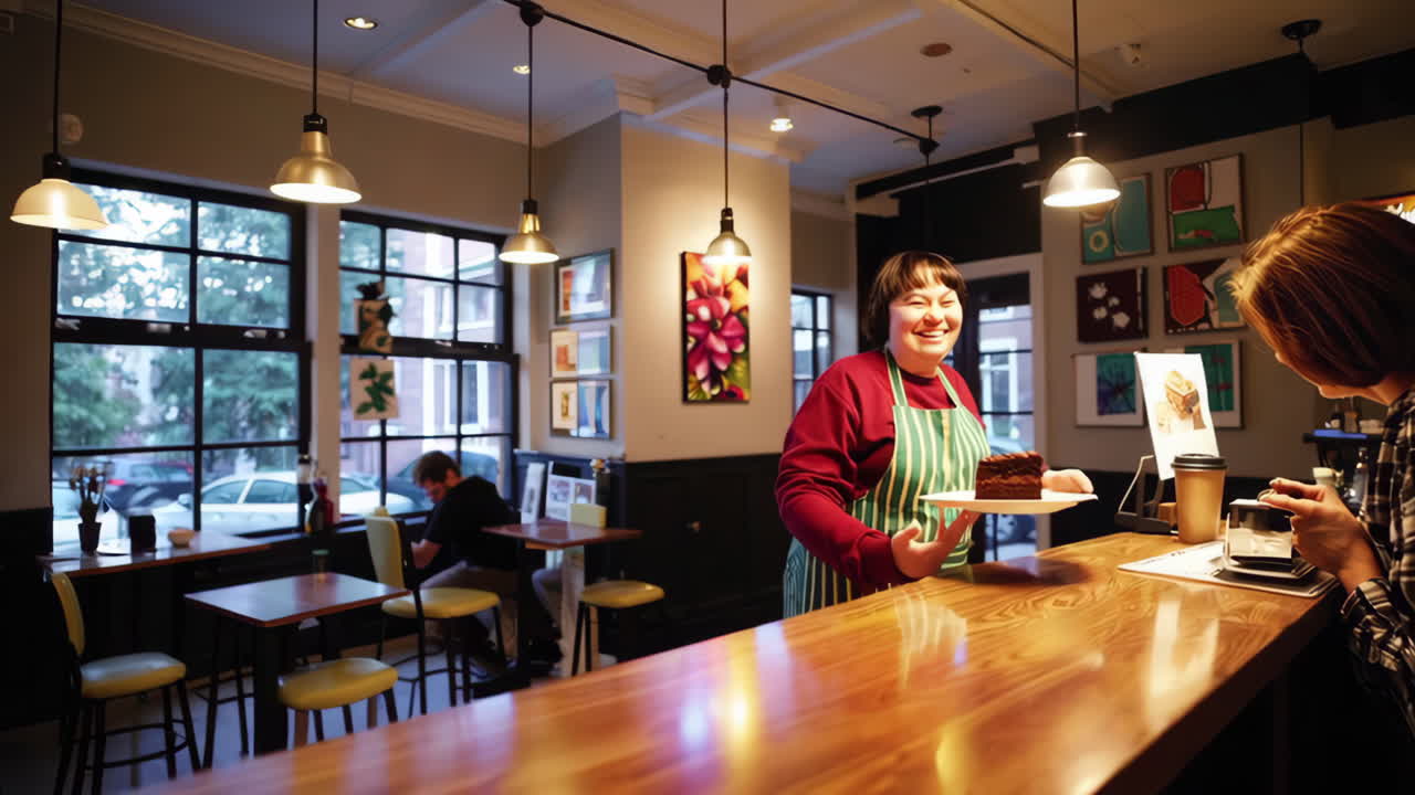 Woman serving a slice of chocolate cake in a cozy cafe