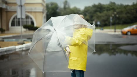 Happy-blonde-teenage-girl-in-a-yellow-jacket-twirls-an-umbrella-in-her-hands-in-the-park-after-the-rain