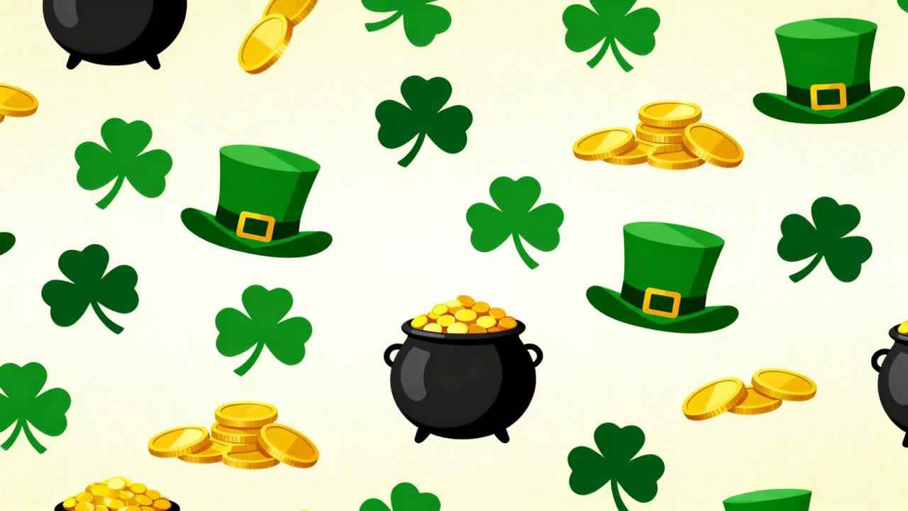 Loop starting, St Patrick pattern shifting across cream backdrop with hats pots coins shamrocks