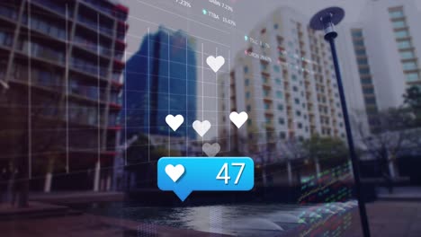 Animación-De-íconos-De-Redes-Sociales-Y-Procesamiento-De-Datos-Del-Mercado-De-Valores-Contra-Edificios-Altos