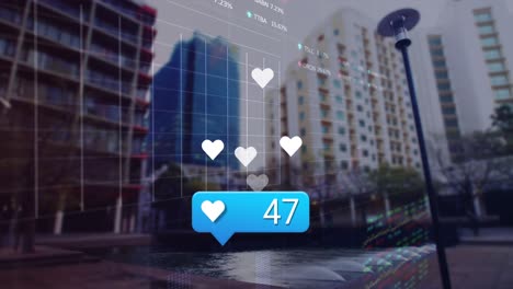 animation of social media icons and stock market data processing against tall buildings