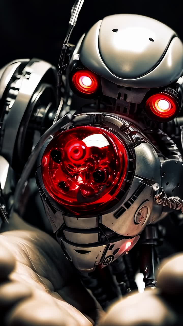 Small Robot With Glowing Core Held in Hands at Technology Exhibition. A small, intricate robot featuring a glowing red core is gently cradled in hands, showcasing innovative technology and design at a recent exhibition.