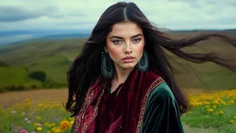 una mujer con el cabello largo y negro con un vestido verde y marrón