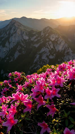 pink rhododendrons on a mountain peak at sunrise/sunset