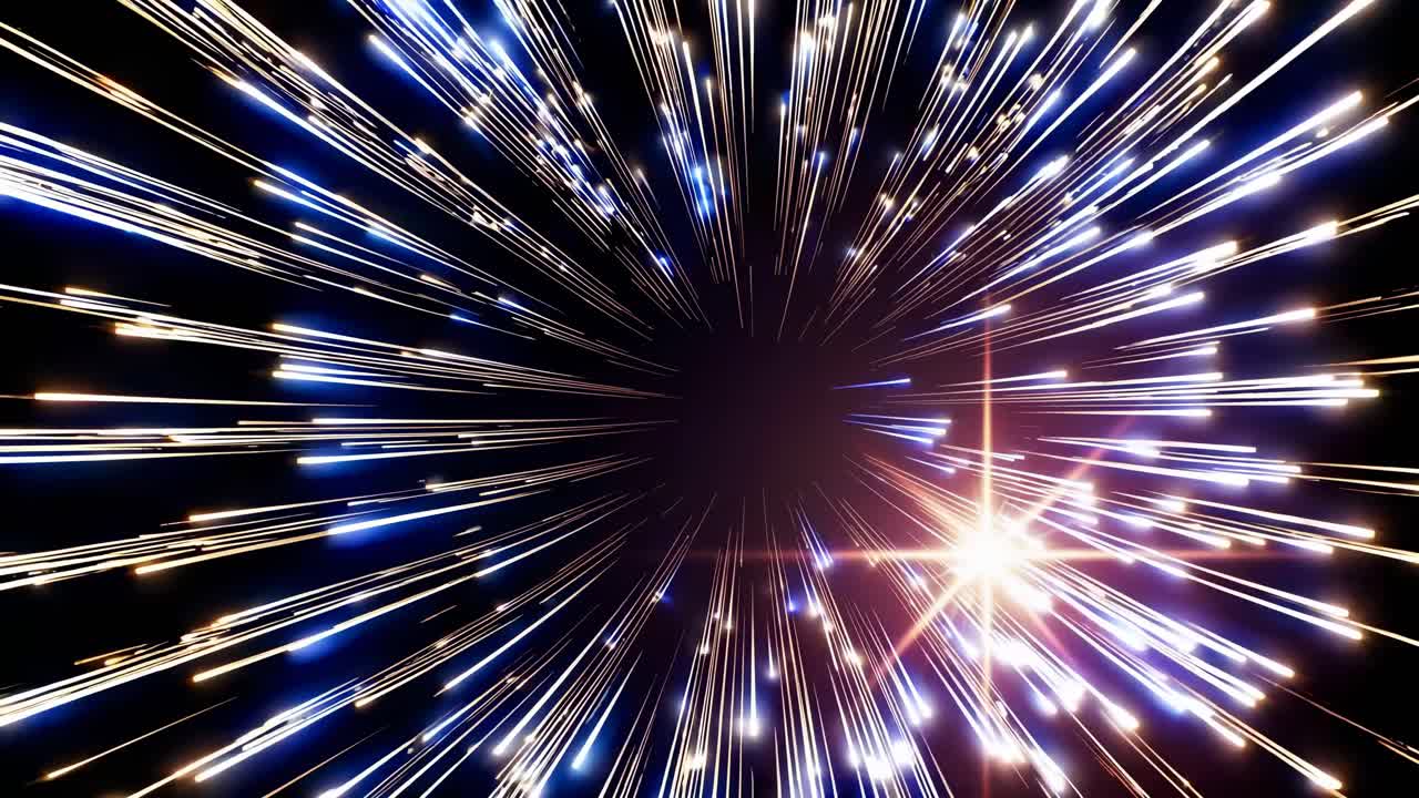 Concetto di video dinamico con un'esplosione radiale di scie luminose. Acquisito da un'angolazione della camera centrale