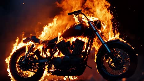 a motorcycle is engulfed by flames on a dark background