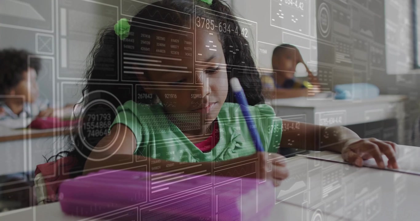 Third-grade girl reaching for blue pen as interface updating and writing workbook under data panels