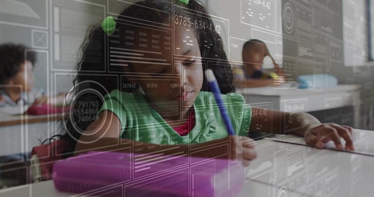 Third-grade girl reaching for blue pen as interface updating and writing workbook under data panels