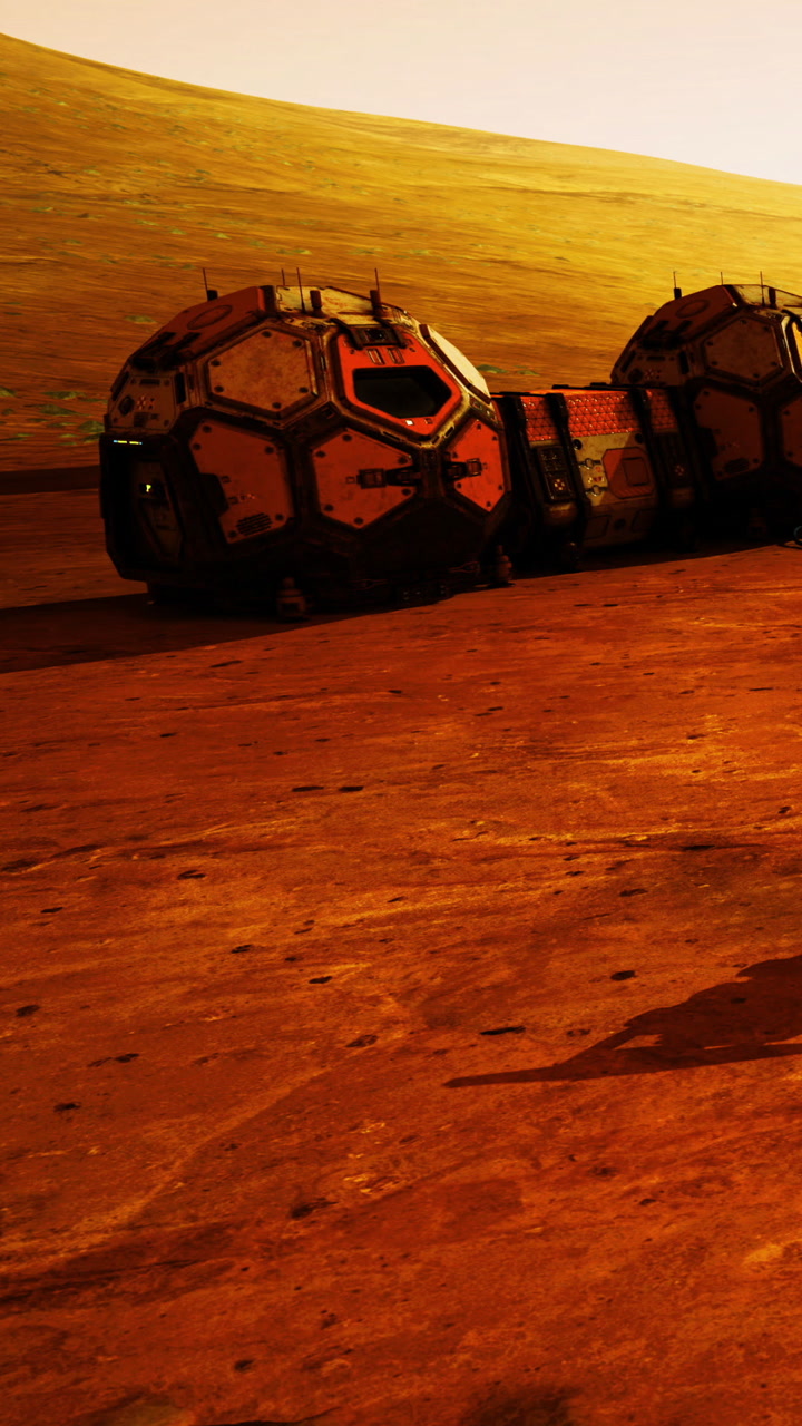 Exploration of a martian landscape with futuristic habitats at sunset