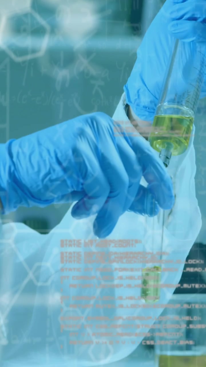 Animation of chemical formulas and data processing over caucasian senior male lab worker