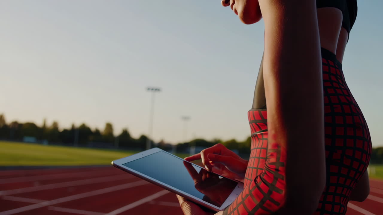 Woman Athlete Using Tablet on Running Track