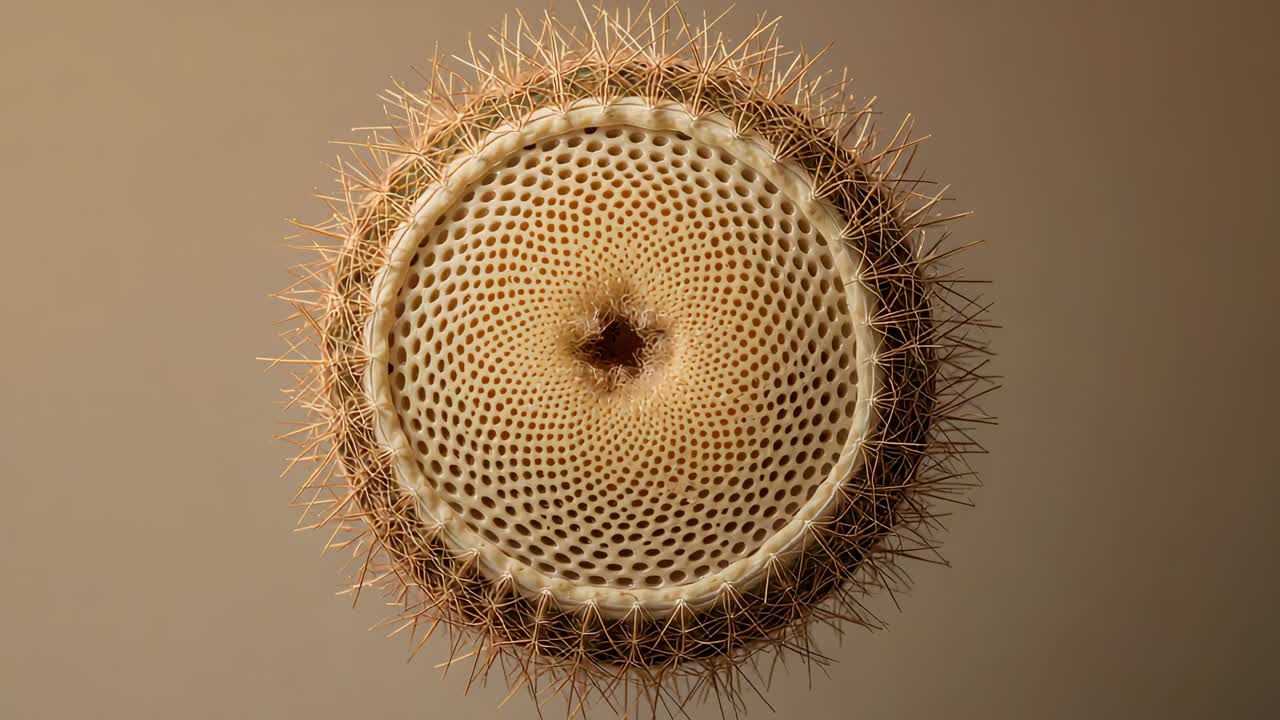 Starting motor, spiny plant head rotating clockwise in studio, showing honeycomb disk, tuft, spines