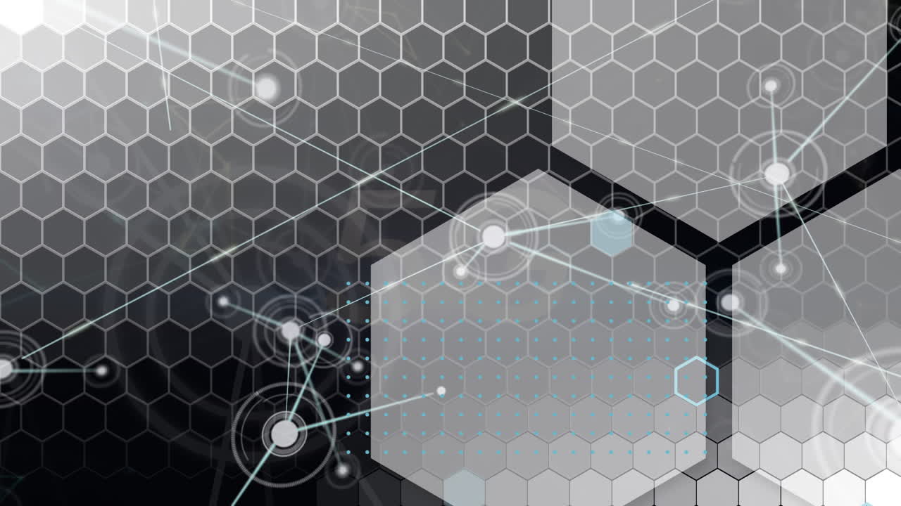 animación de hexágonos sobre una red de conexiones sobre fondo negro