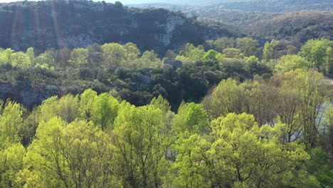 Alte-Verlassene-Ruine-In-Einem-Wald-Entlang-Des-Flusses-Herault,-Luftaufnahme,-Sonniger-Tag