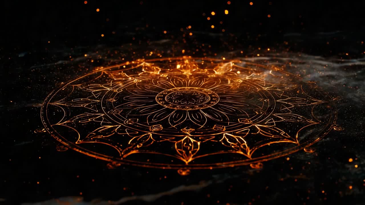 A mesmerizing mandala design emanates radiant golden patterns and glimmers against a dark textured background, creating an enchanting atmosphere of tranquility and harmony