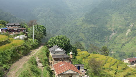 A-beautiful-panning-idyllic-view-of-the-terraced-hillsides-of-rural-Nepal