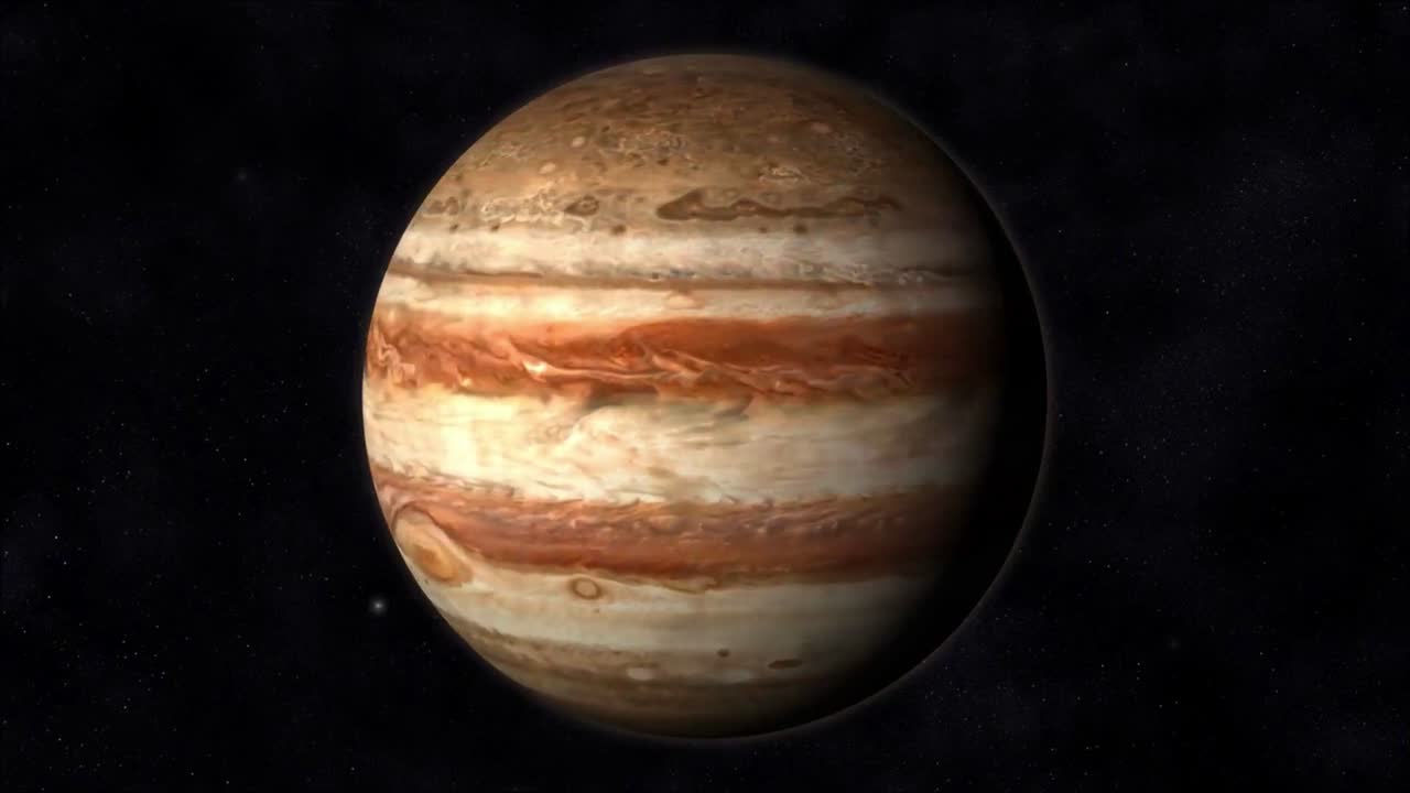 Cinematic Jupiter planet rotating in space.