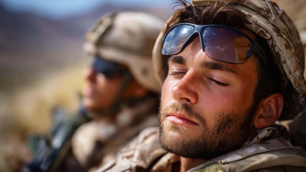 A Moment of Serenity: Two Soldiers Resting in the Field, Capturing the Essence of Camaraderie and Resilience Amidst a Rugged Landscape, Reflecting on Their Experiences and Challenges Faced Abroad