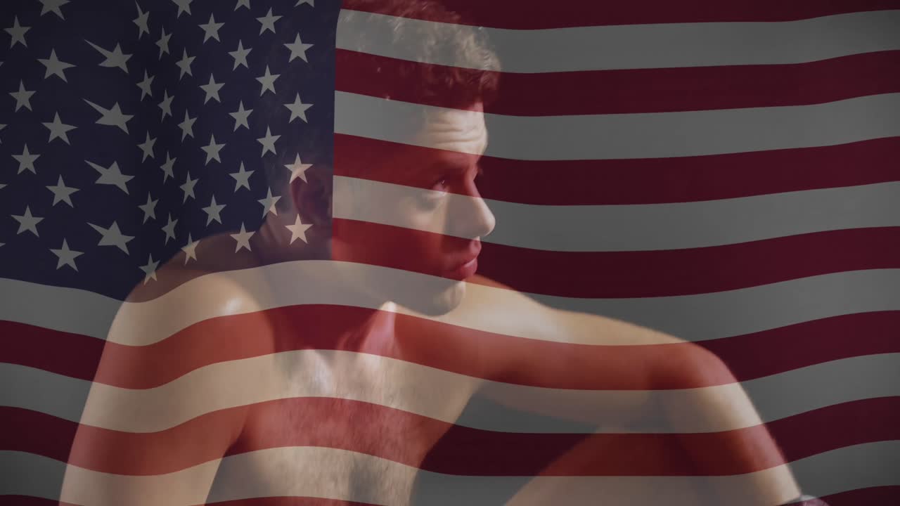 Animation of flag of usa over caucasian man looking up