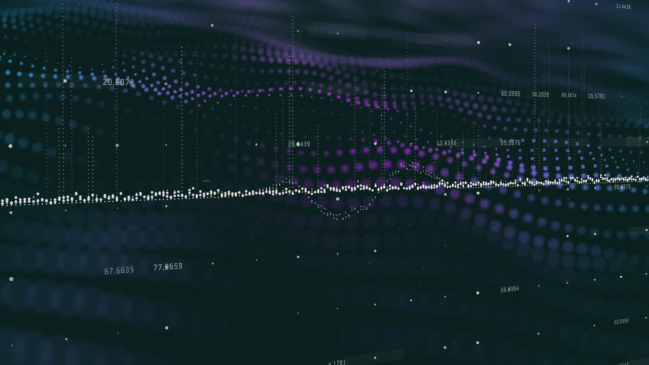 Opening dot grid wave rippling with colored clusters rising falling labels shifting showing trends