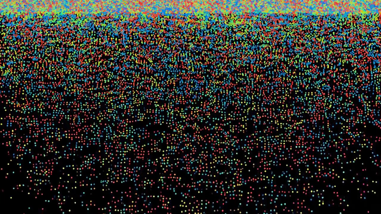 Dense multicolored dots and glowing particles spread across the upper area and fade into scattered points over a dark empty space, creating a vivid abstract
