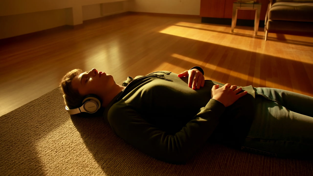 Young Man Relaxing on Floor with Headphones in Sunlight