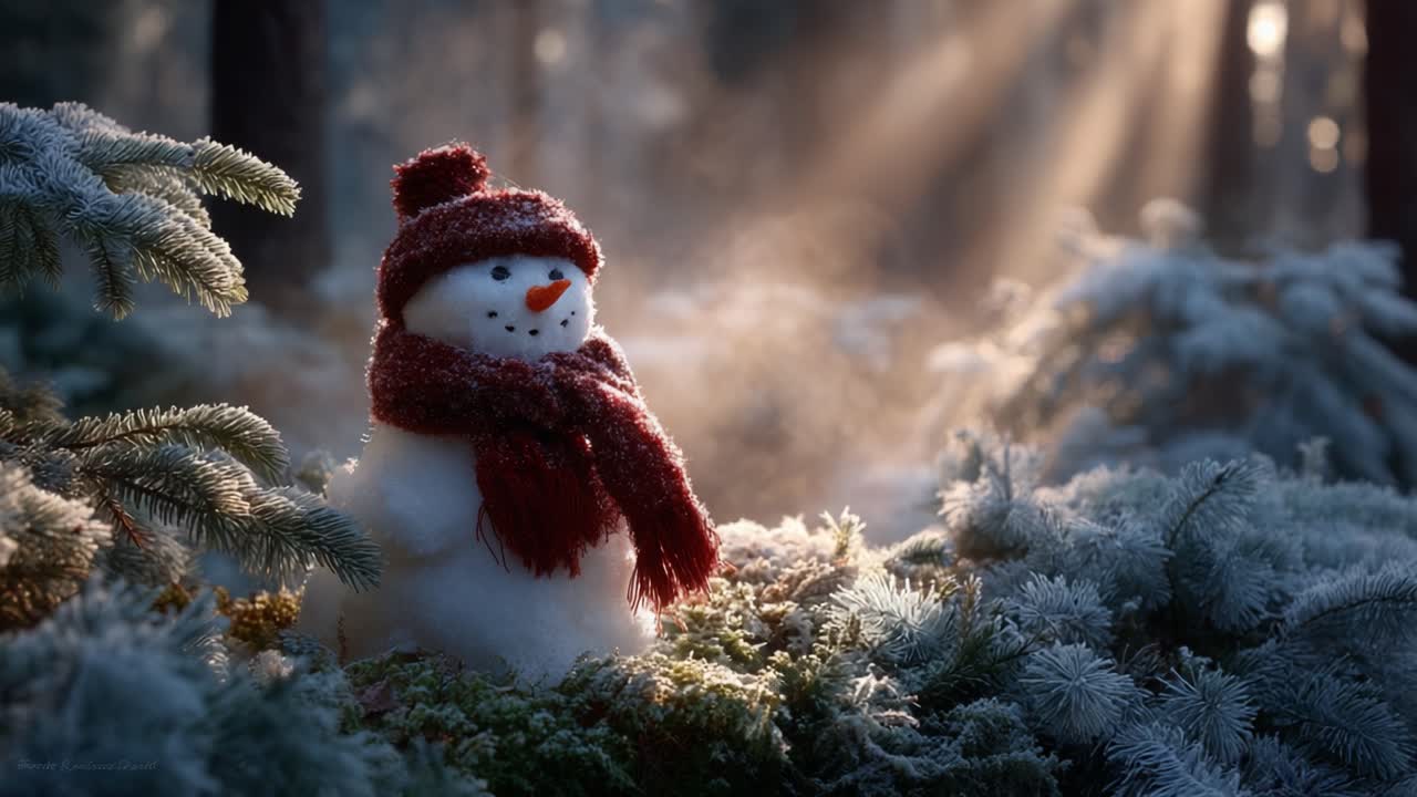 A charming snowman stands in a serene winter forest, adorned with a cozy red scarf and hat, surrounded by frosted greenery and soft sunlight filtering through the trees