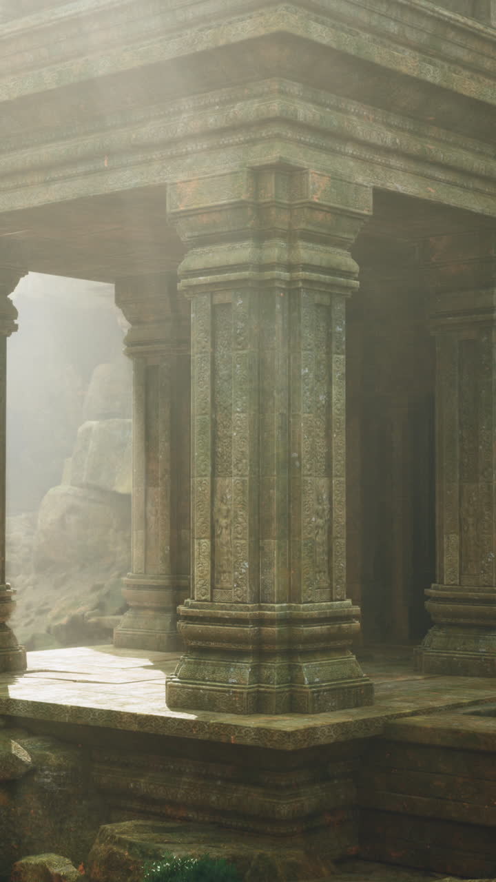 Ancient temple ruins in misty forest with sunlight streaming through trees