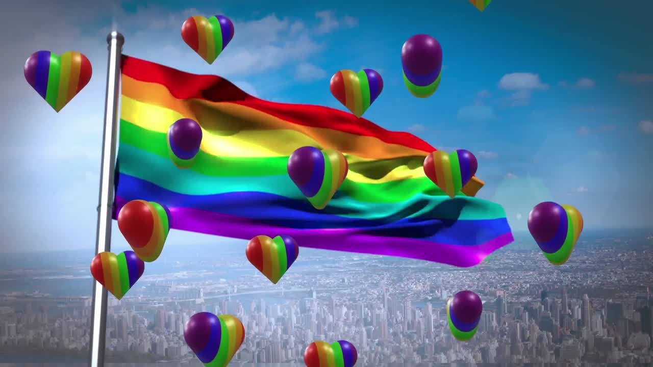 animación de corazones de arco iris y bandera sobre el paisaje urbano