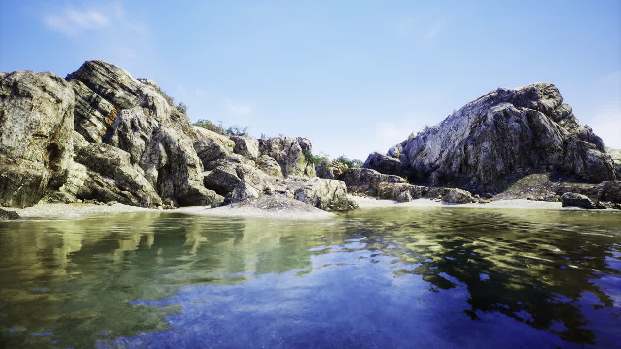Calm waters reflect rocky cliffs under a clear blue sky at the beach