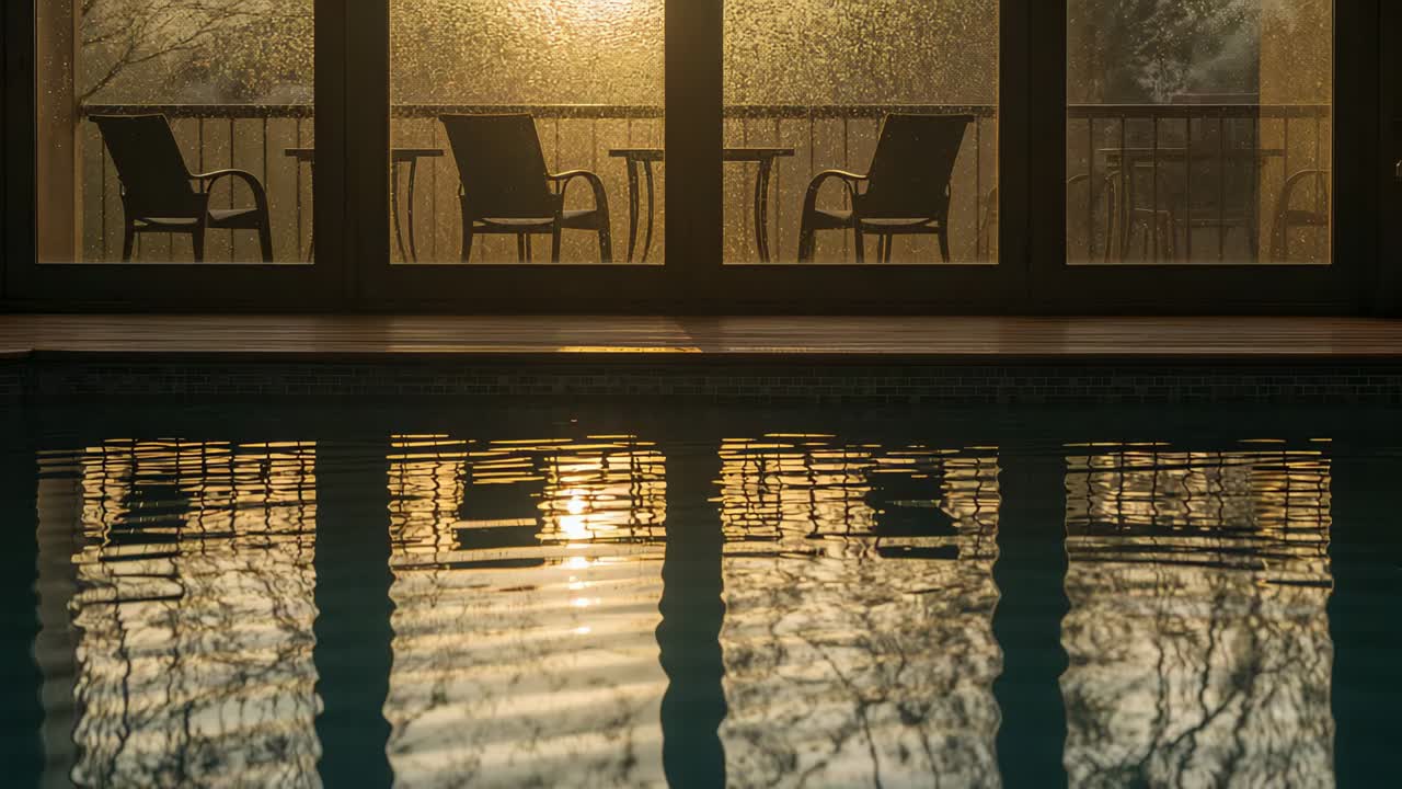 Shifting warm light causing rippling pool surface distorting glass reflections and shadowed chairs