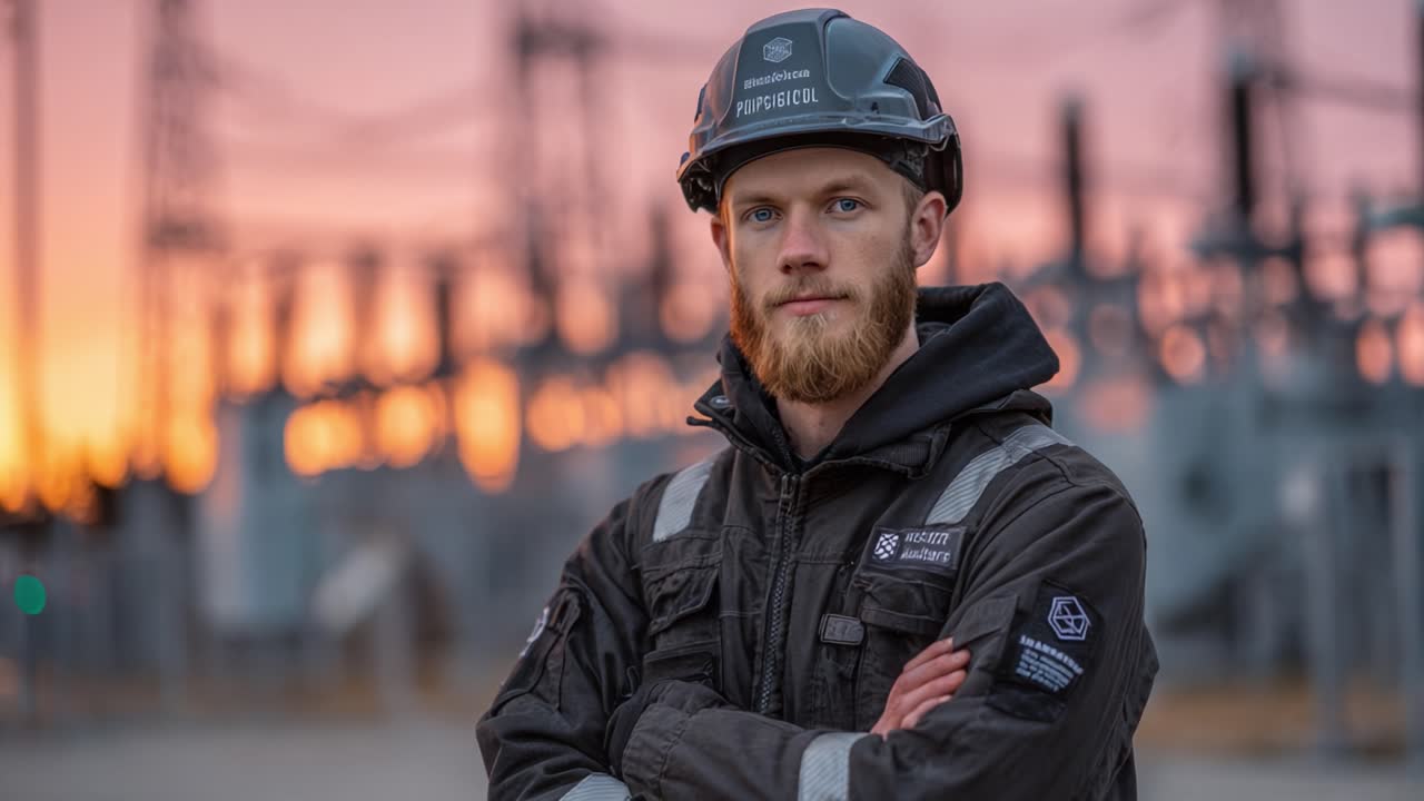 En fokuseret eltekniker står selvsikkert foran industrielt udstyr ved solnedgang, fremviser dedikation og ekspertise inden for sit felt, mens de varme farver oplyser baggrunden.