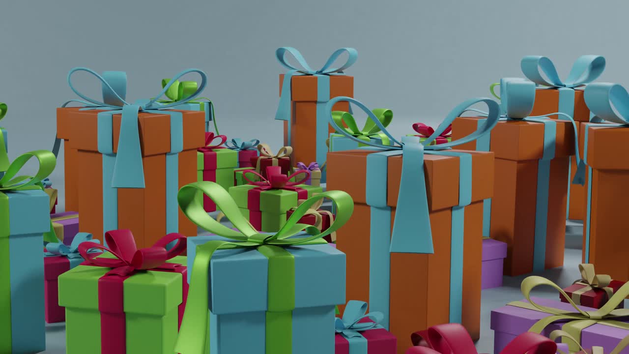 Video di regali di Natale multicolore con nastri su sfondo grigio